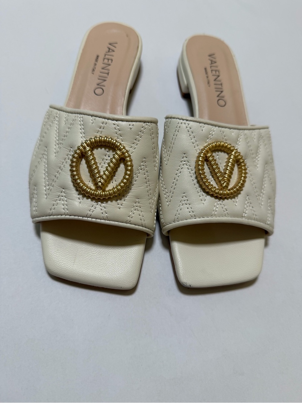 Valentino Cream Quilted Afrodite Slides with Gold V Emblem
